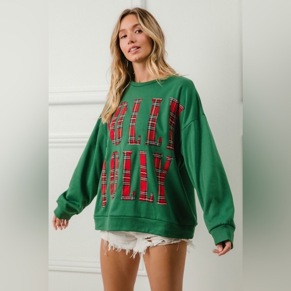 Plaid Holly Jolly Lettering Christmas Sweater by BiBi, new with tags, very cute! - Picture 3 of 6